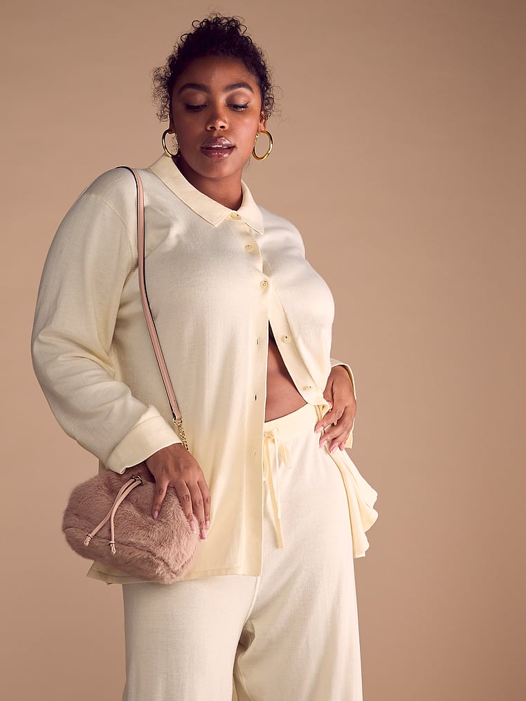 Victoria's Secret, Victoria's Secret Luxe Crème Knit Button-Up Shirt, CANDLELIGHT, onModelSide, 4 of 4 Brianna is 5'10" or 178cm and wears Extra Large
