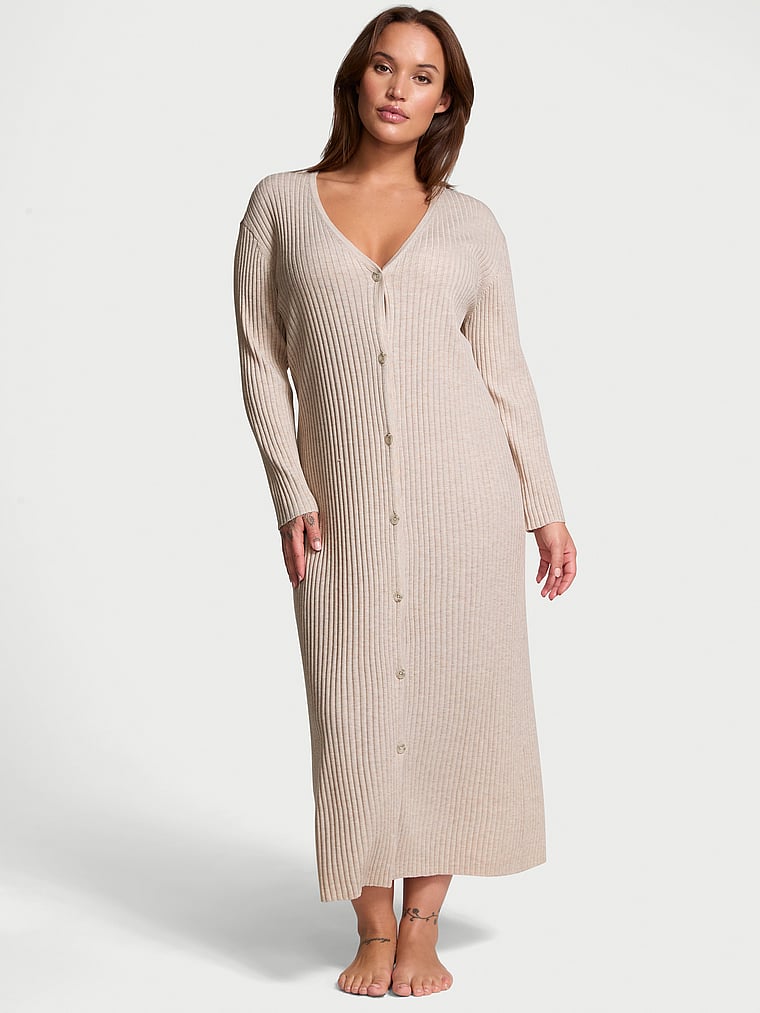 Victoria's Secret, Victoria's Secret Luxe Crème Knit Cardigan Dress, DRIFTWOOD, onModelFront, 3 of 4 Sofia is 5'8" and wears 36D or Large