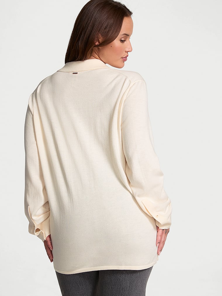 Victoria's Secret, Victoria's Secret Luxe Crème Knit Button-Up Shirt, CANDLELIGHT, onModelBack, 2 of 4 Sofia  is 5'8" or 173cm and wears Large