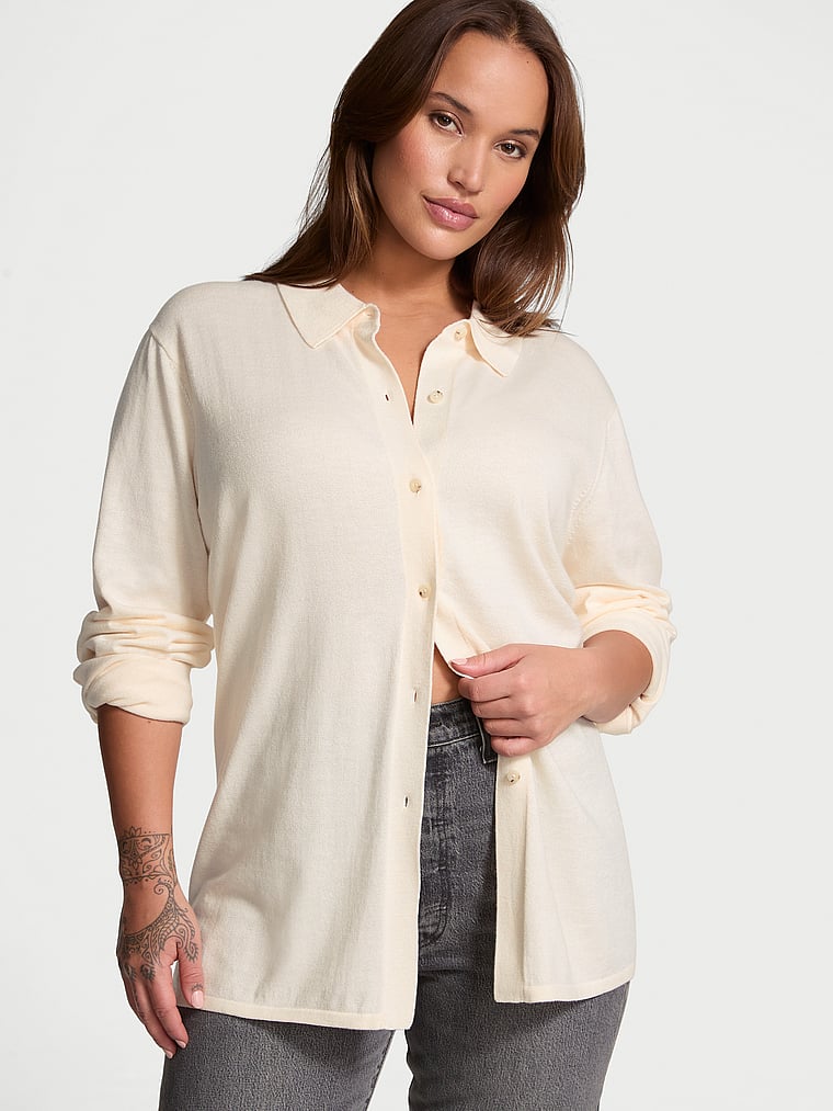 Victoria's Secret, Victoria's Secret Luxe Crème Knit Button-Up Shirt, CANDLELIGHT, onModelFront, 1 of 4 Sofia  is 5'8" or 173cm and wears Large