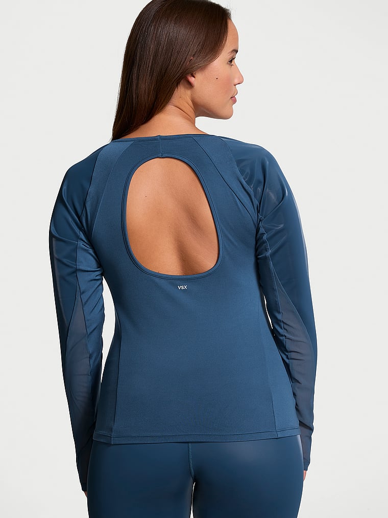 Victoria's Secret, VSX VSX Activate™ Sheer Liquid Shine Long-Sleeve Top, Midnight Sea, onModelBack, 4 of 4 Sofia  is 5'8" or 173cm and wears Large