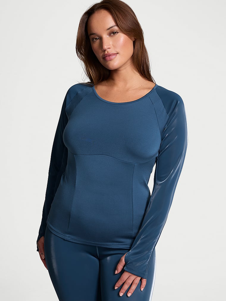 Victoria's Secret, VSX VSX Activate™ Sheer Liquid Shine Long-Sleeve Top, Midnight Sea, onModelFront, 3 of 4 Sofia  is 5'8" or 173cm and wears Large