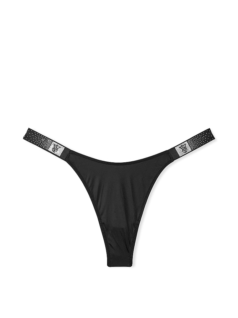 Victoria's Secret, Very Sexy Double Shine Strap Smooth Thong Panty, Black, offModelFront, 3 of 5