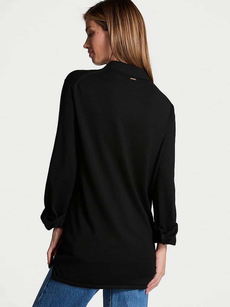 Victoria's Secret, Victoria's Secret Luxe Crème Knit Button-Up Shirt, BLACK, onModelBack, 2 of 4 Daiane is 5'11" or 180cm and wears Small