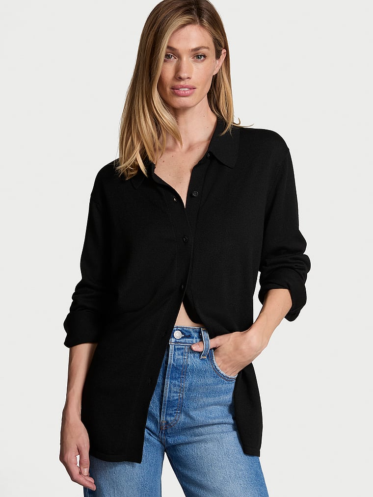 Victoria's Secret, Victoria's Secret Luxe Crème Knit Button-Up Shirt, BLACK, onModelFront, 1 of 4 Daiane is 5'11" or 180cm and wears Small