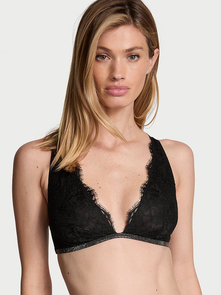 Victoria's Secret, Dream Angels Twinkle Lace Triangle Bra, Black, onModelFront, 5 of 5 Maggie is 5'7" and wears 32B or Small