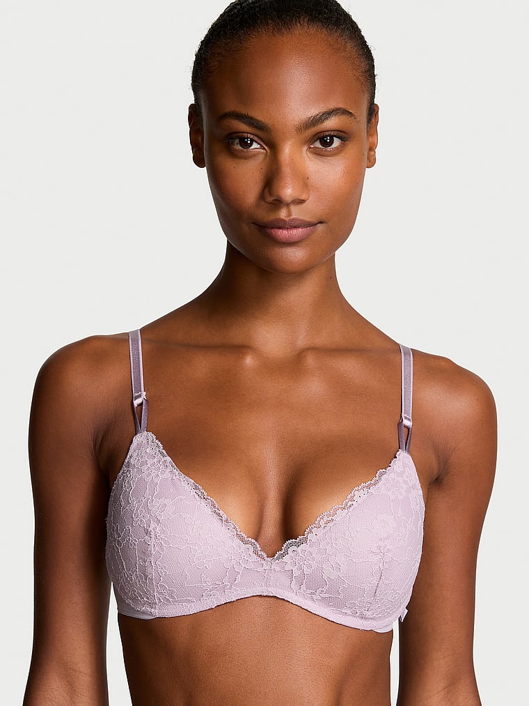 Victoria's Secret, Victoria's Secret Sexy Tee Posey Lace Wireless Push-Up Bra, Hope Lilac, onModelFront, 1 of 3 Ange-Marie is 5'10" and wears 34B or Small