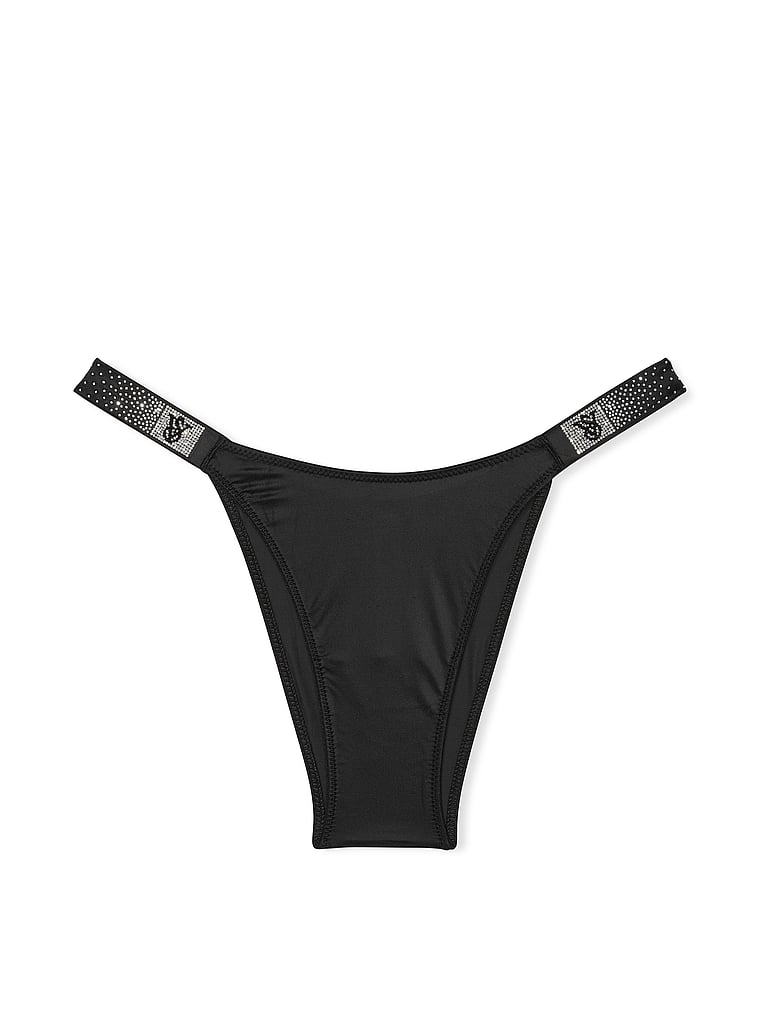 Victoria's Secret, Very Sexy Electric Orchid Shine Strap Brazilian Panty, Black, offModelFront, 4 of 5