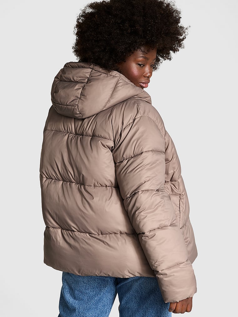 PINK Marshmallow Puffer Coat, Iced Coffee, onModelBack, 4 of 4