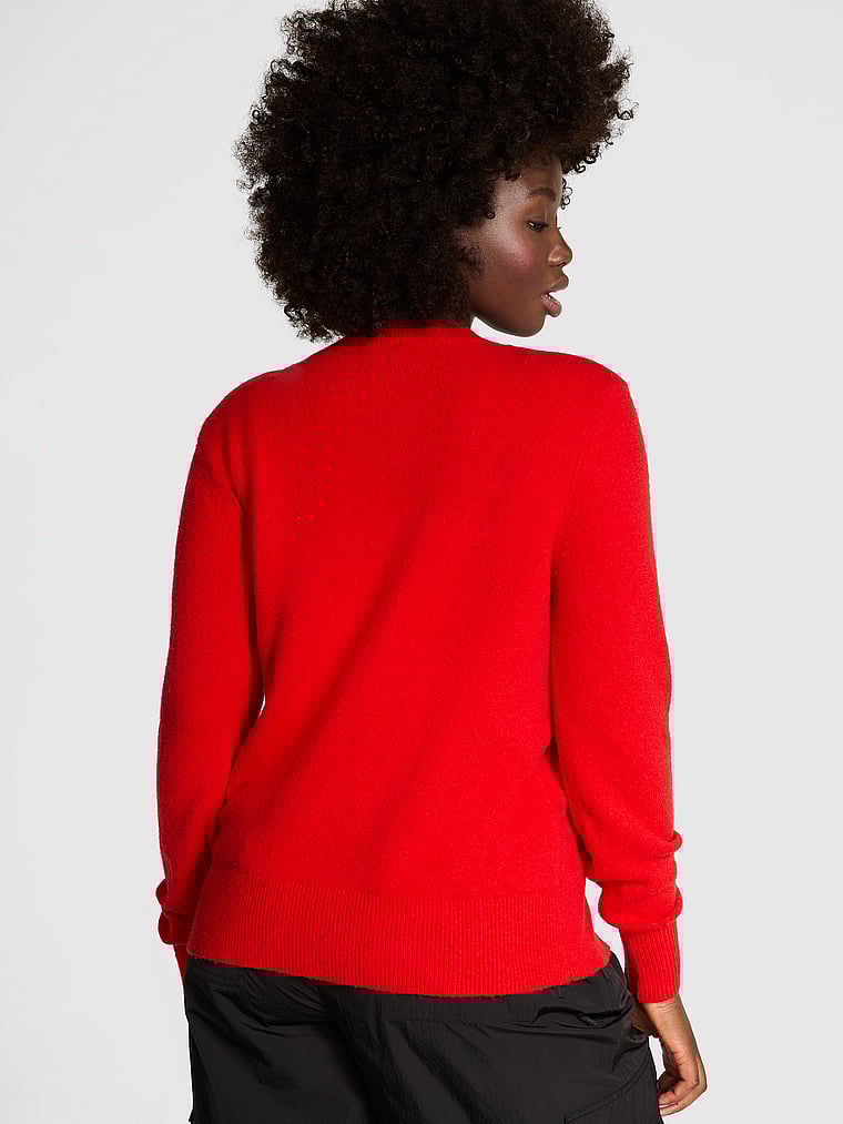 PINK Collegiate Knit Crewneck Sweater, Red Pepper Sleighin', onModelBack, 4 of 4 Fanta is 5'11" and wears Medium