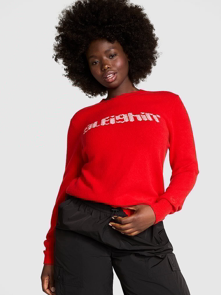 PINK Collegiate Knit Crewneck Sweater, Red Pepper Sleighin', onModelFront, 3 of 4 Fanta is 5'11" and wears Medium