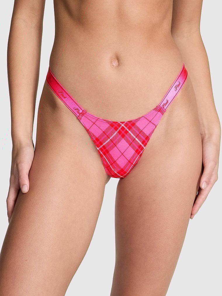 PINK Logo Cotton High-Leg Micro Thong Panty, onModelFront, 1 of 2