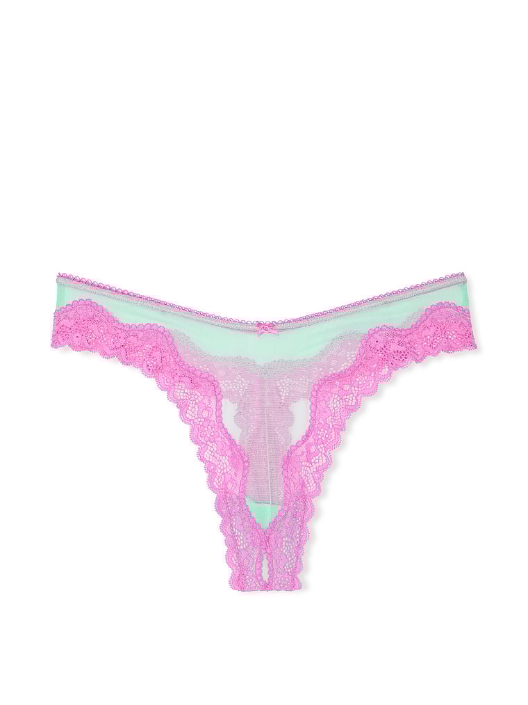 Victoria's Secret, Victoria's Secret Tease Mesh Lace-Trim High-Leg Thong Panty, Waterfall & New Peony, offModelFront, 3 of 5