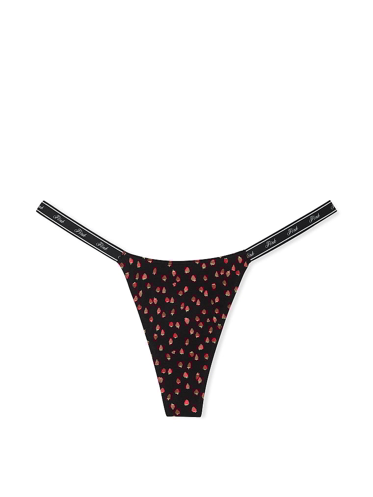 PINK Logo Cotton High-Leg Micro Thong Panty, Black Strawberry Print, offModelFront, 3 of 3