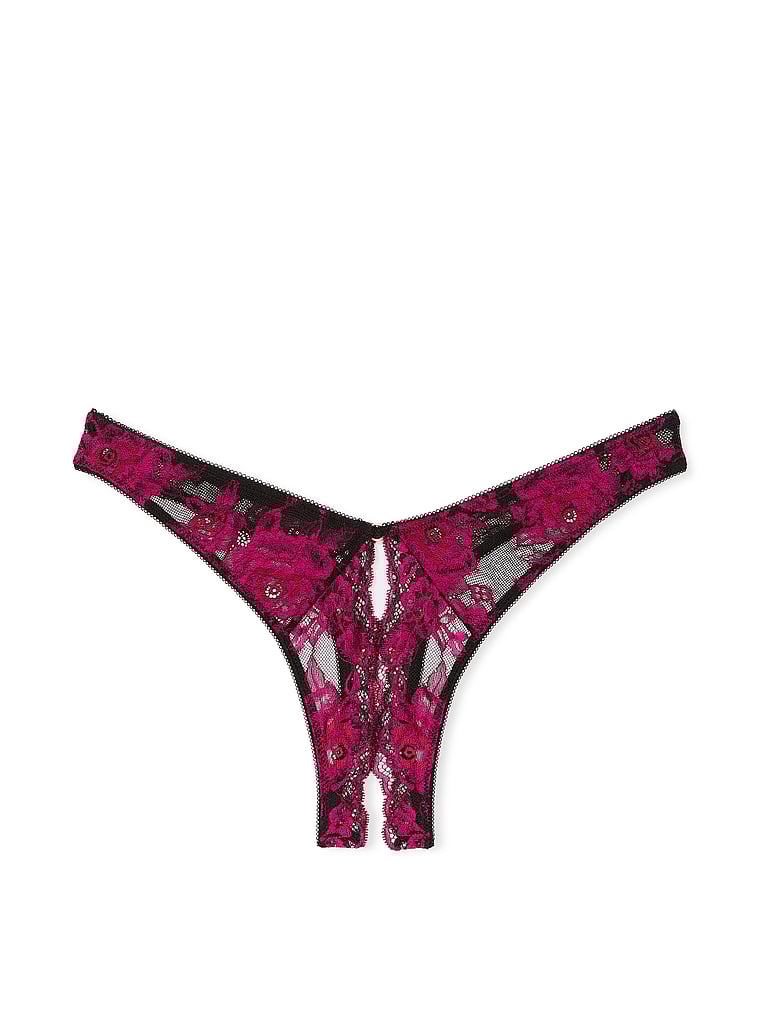 Buy Rose Lace High-Leg Crotchless Thong Panty, Black & Pink - Order