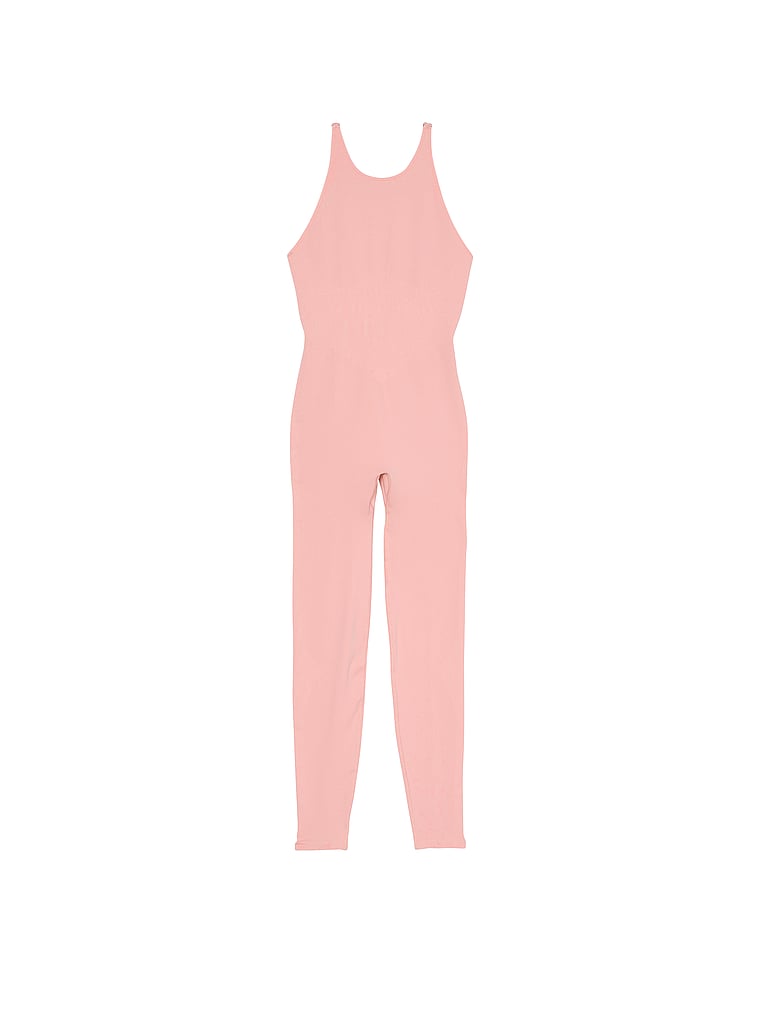 PINK Seamless Hearts High-Neck Long Workout Onesie, Dusk Pink, offModelFront, 3 of 3