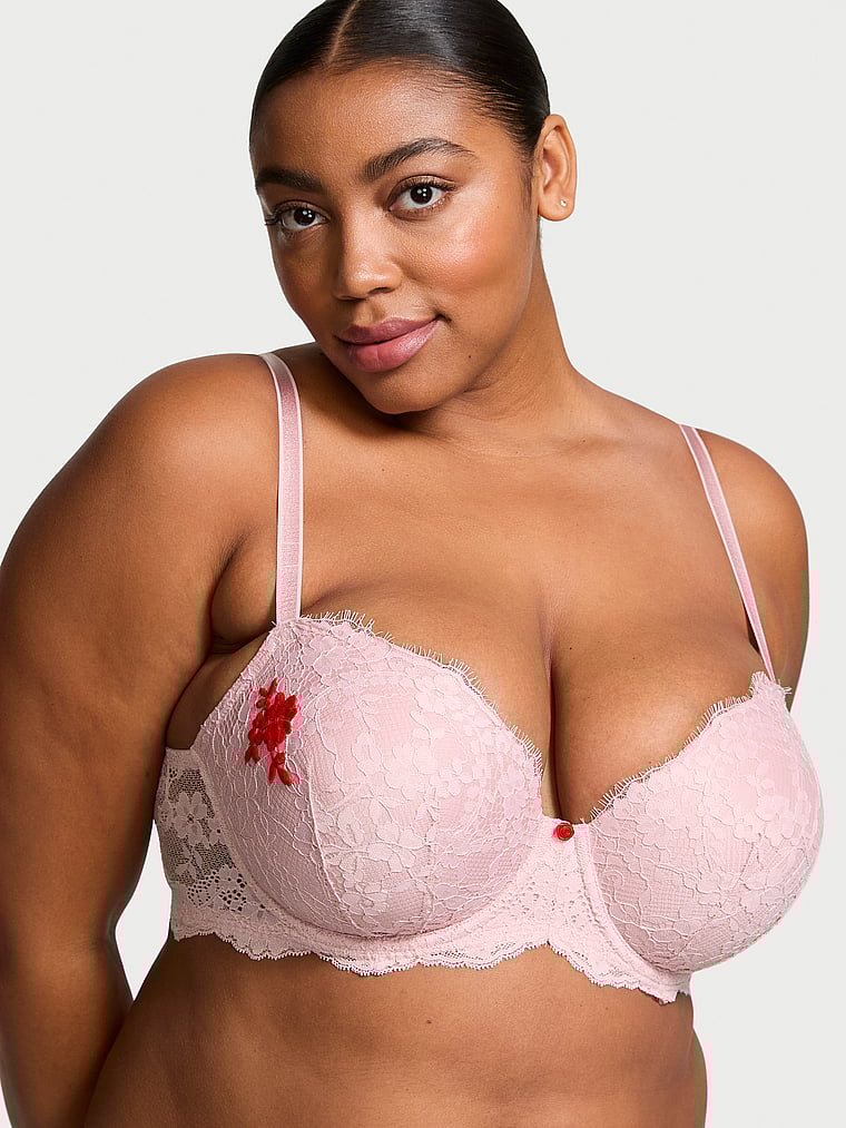 Victoria's Secret, Dream Angels Lace Lightly Lined Demi Bra, Chalk Rose, onModelFront, 1 of 5 Brianna is 5'10" or 178cm and wears 38DD (E) or Extra Large