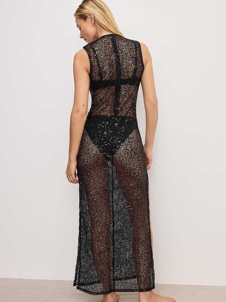 Victoria's Secret, Good American Crochet Maxi Dress, Black, onModelBack, 2 of 3