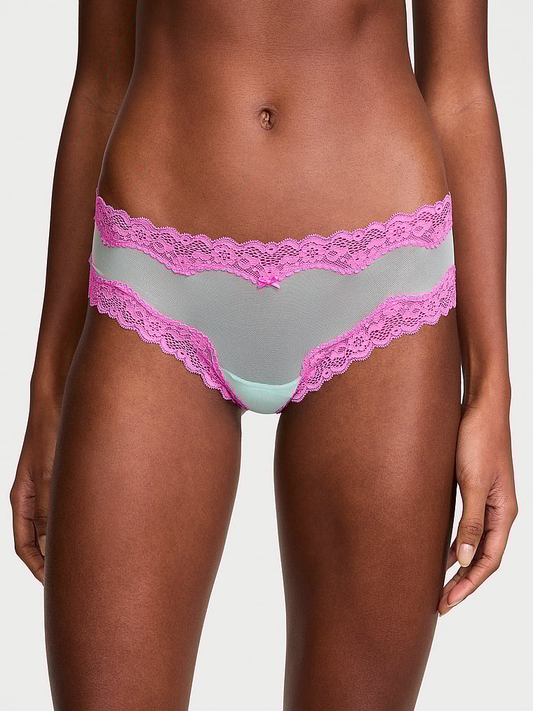 Victoria's Secret, Victoria's Secret Tease Mesh Lace-Trim Cheeky Panty, Waterfall & New Peony, onModelFront, 2 of 5