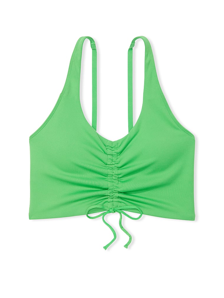 PINK Relay Ruched Plunge Sports Bra, Wild Green, offModelFront, 2 of 4