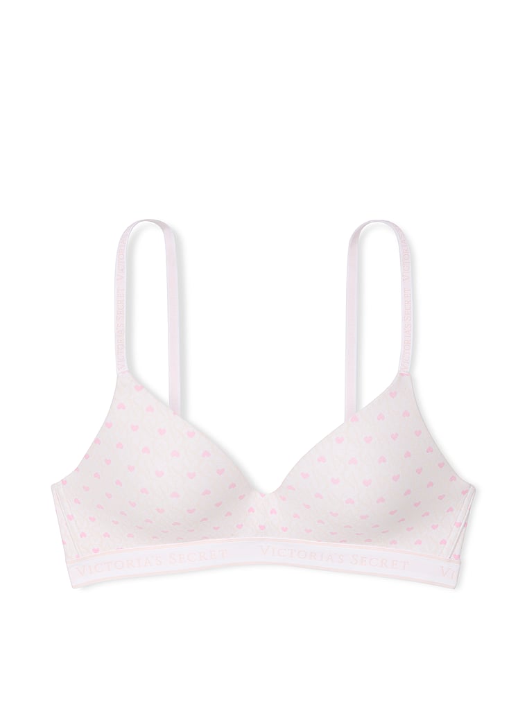 Victoria's Secret, The T-shirt Lightly Lined Wireless Bra, White & Pink Hearts, offModelFront, 3 of 4