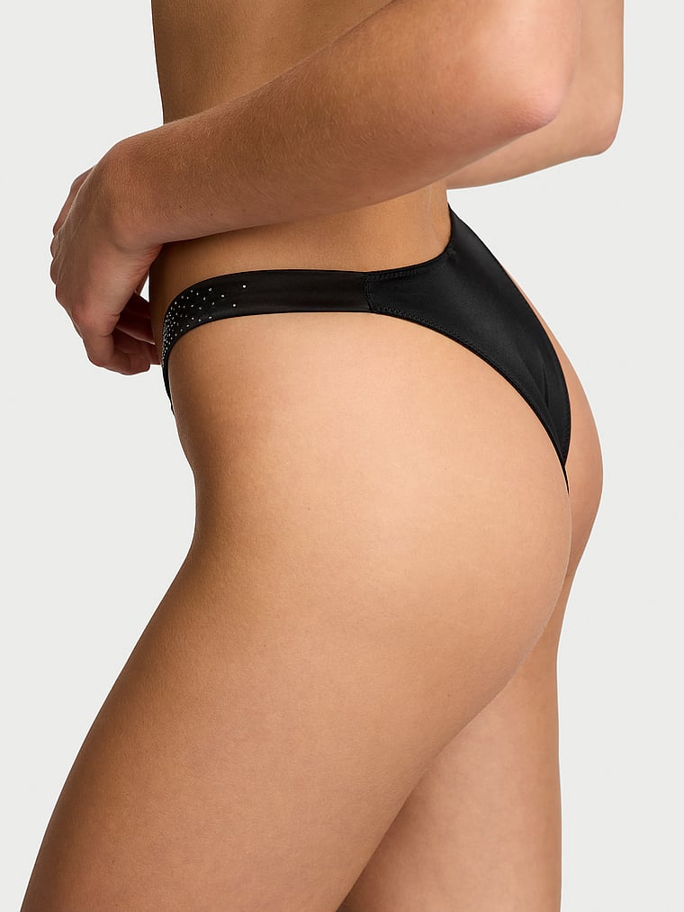 Victoria's Secret, Very Sexy Electric Orchid Shine Strap Brazilian Panty, Black, onModelBack, 2 of 5 Aga is 5'10" or 178cm and wears Small