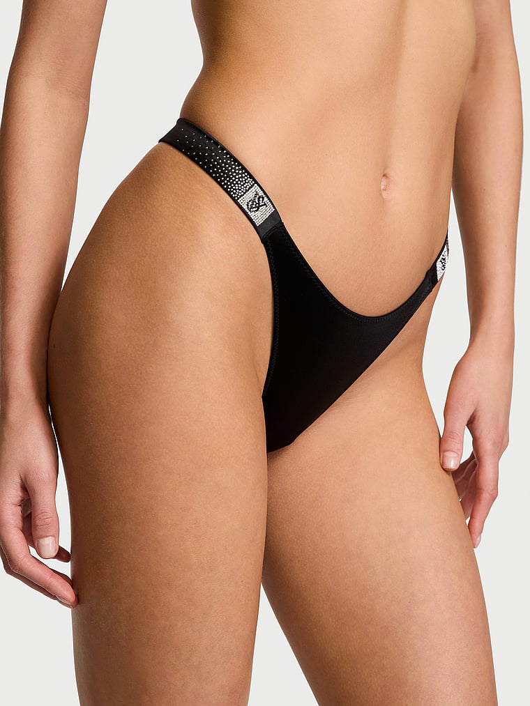 Victoria's Secret, Very Sexy Electric Orchid Shine Strap Brazilian Panty, Black, onModelFront, 1 of 5 Aga is 5'10" or 178cm and wears Small