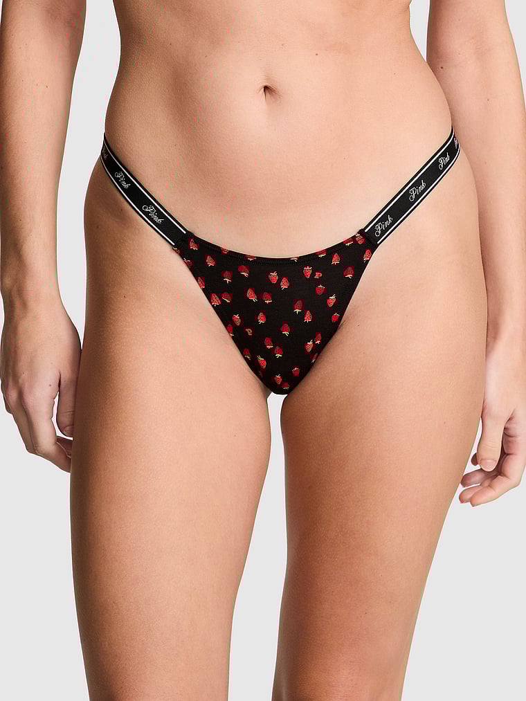 PINK Logo Cotton High-Leg Micro Thong Panty, Black Strawberry Print, onModelFront, 1 of 3 Callie is 5'9" or 175cm and wears Large