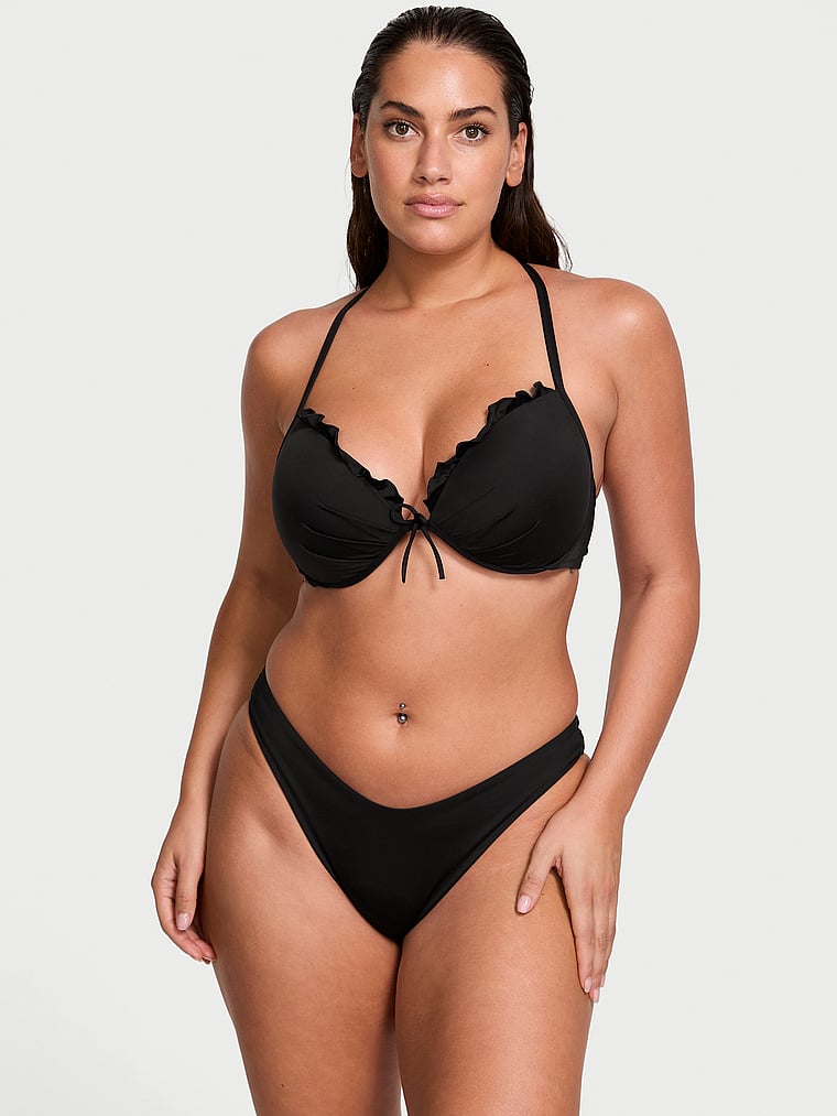 Victoria's Secret, Victoria's Secret Swim VS Archives Essential Ruffled Push-Up Bikini Top, Pure Black, onModelFront, 1 of 3 Lorena is 5'9" and wears 34DD (E) or Large