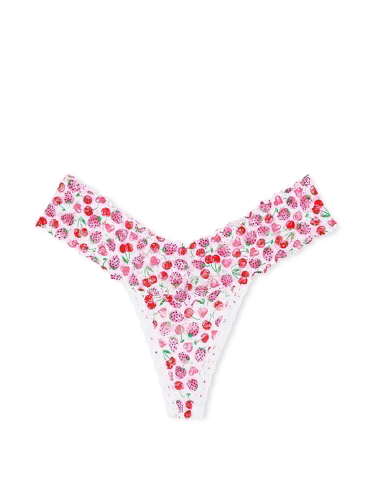 PINK Wink Lace Thong Panty, White Cherry Heart Print, offModelFront, 3 of 3