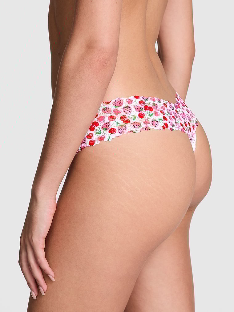 PINK Wink Lace Thong Panty, White Cherry Heart Print, onModelBack, 2 of 3 Scarlett is 5'11" and wears Small