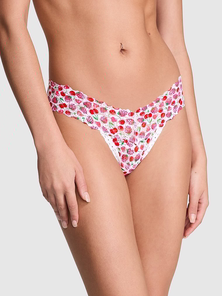 PINK Wink Lace Thong Panty, White Cherry Heart Print, onModelFront, 1 of 3 Scarlett is 5'11" and wears Small