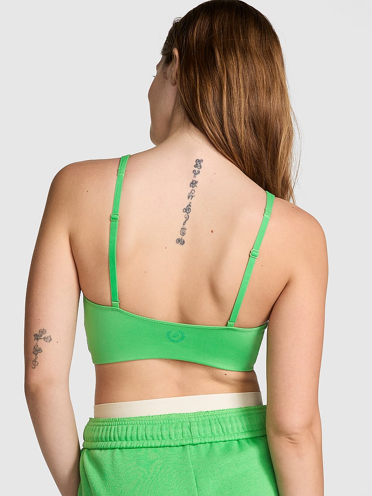 PINK Relay Ruched Plunge Sports Bra, Wild Green, onModelBack, 4 of 4 Taylor is 5'8" and wears 32B or Small