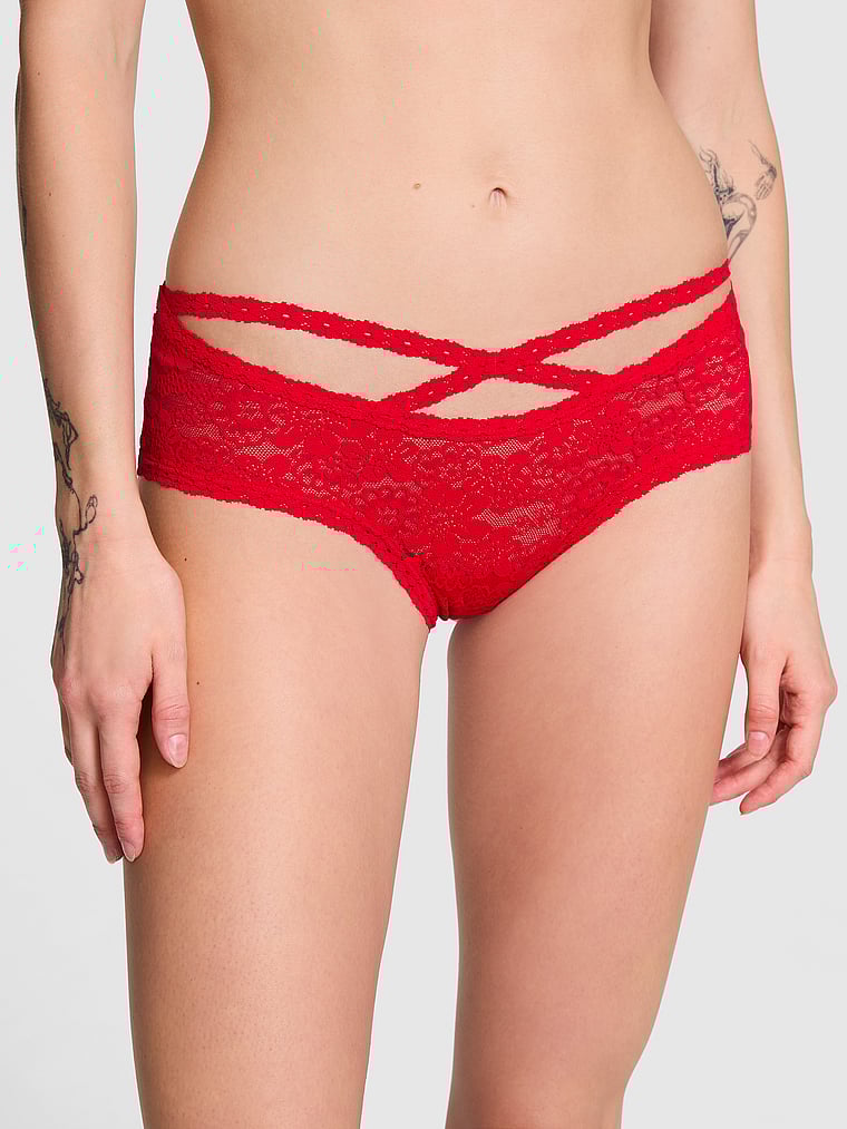 PINK Wink Eyelet Lace Cheeky Panty, Red Pepper, onModelFront, 2 of 4