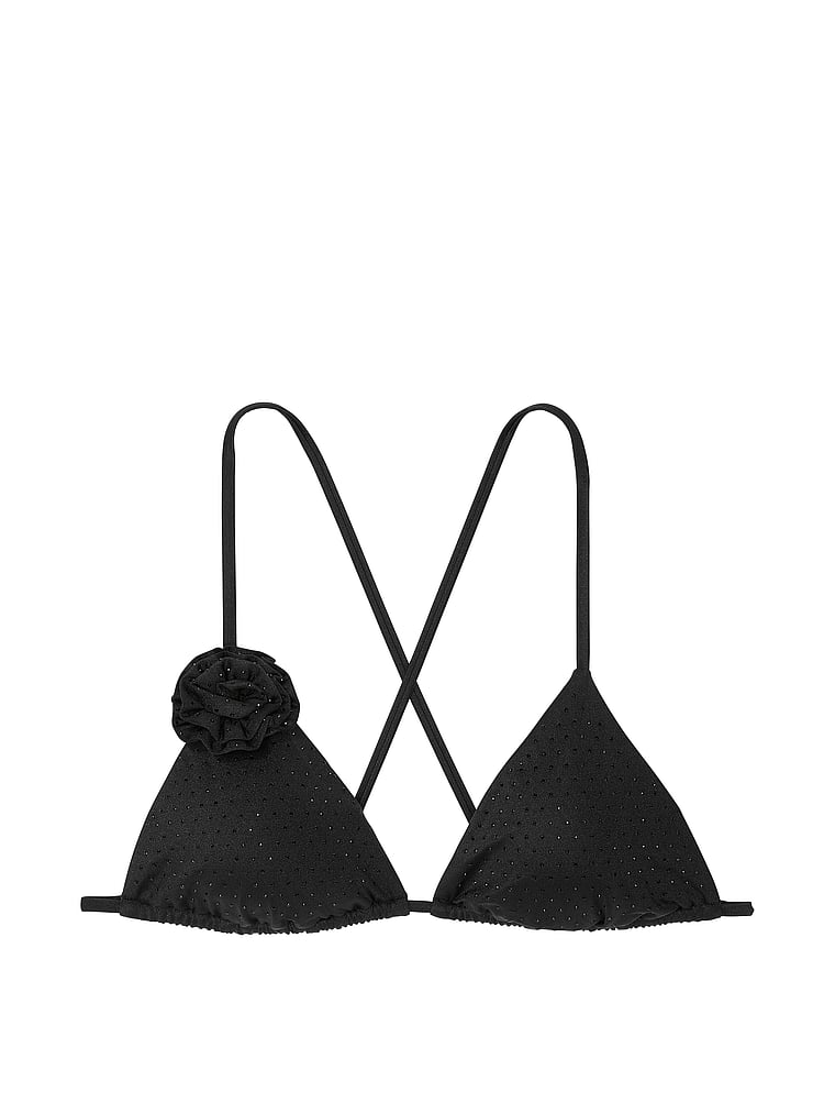 Victoria's Secret, Victoria's Secret Swim Rosette Shine Triangle Bikini Top, Black, offModelFront, 1 of 3