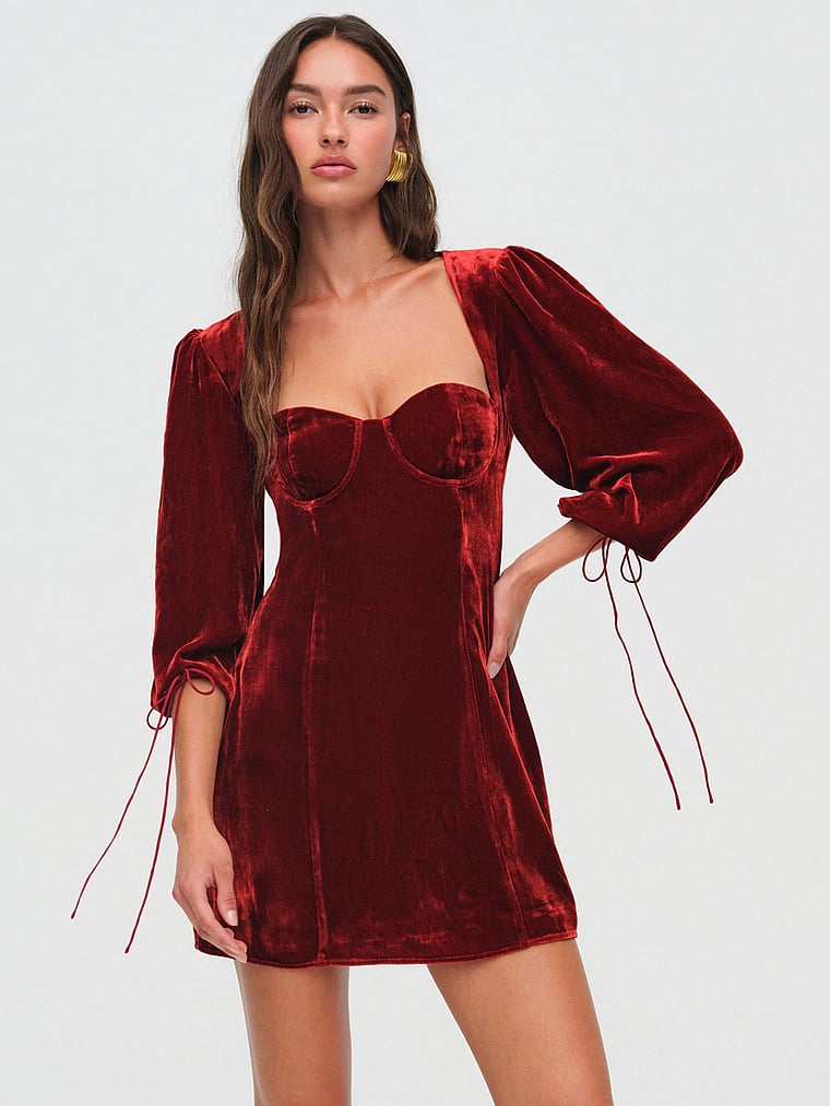 Victoria's Secret, For Love & Lemons Nadine Velvet Bustier Mini Dress, Red, onModelFront, 1 of 2