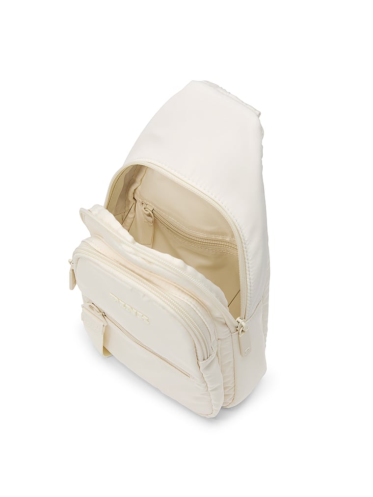 PINK Nylon Sling Backpack, White Shell, offModelFront, 3 of 4