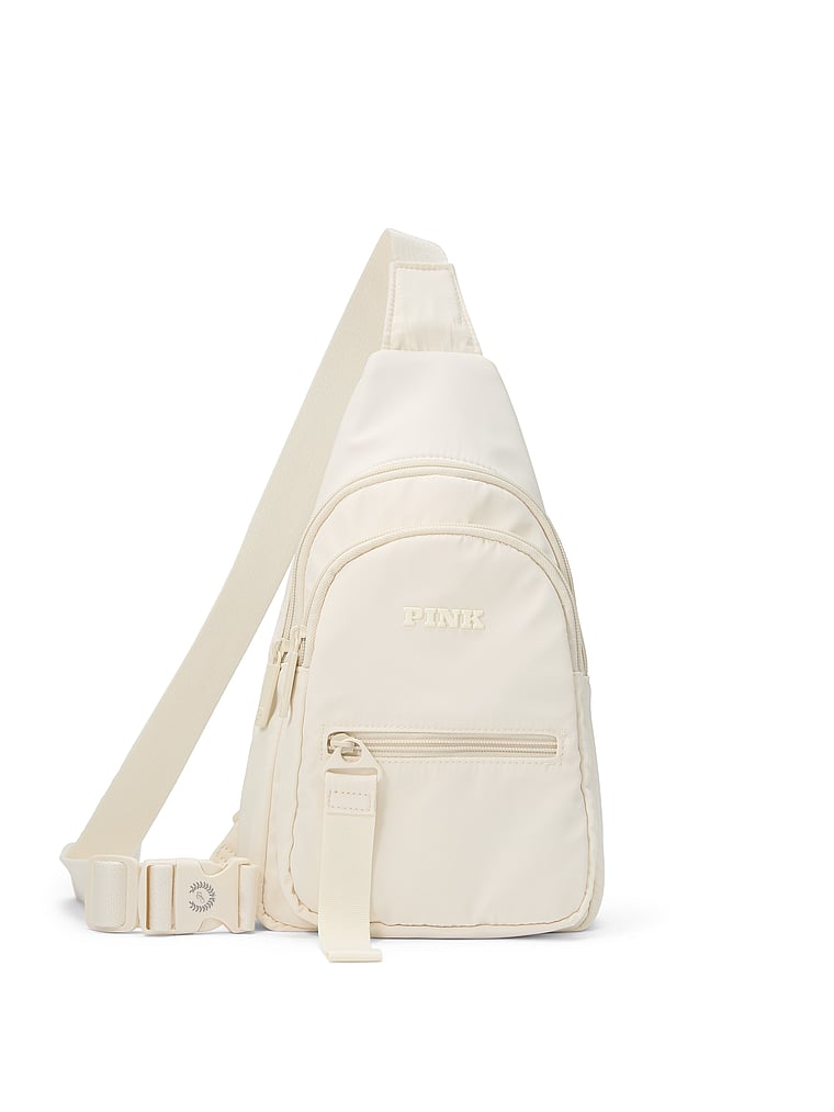 PINK Nylon Sling Backpack, White Shell, onModelBack, 2 of 4