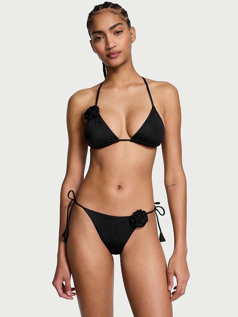 Victoria's Secret, Victoria's Secret Swim Rosette Shine Triangle Bikini Top, Black, onModelFront, 2 of 3
