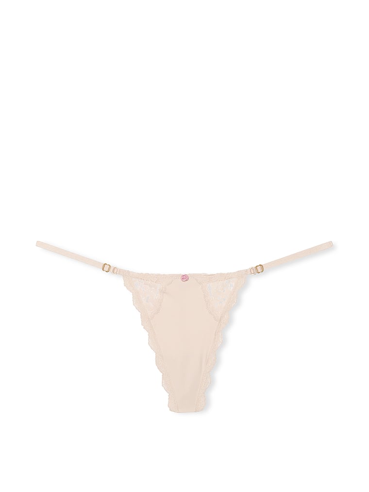 Victoria's Secret, Dream Angels Lace Adjustable V-String Panty, Marzipan, offModelFront, 3 of 3