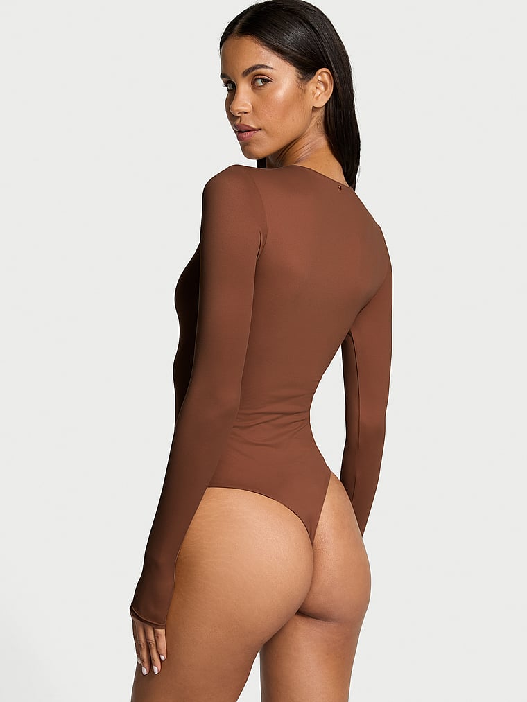 Victoria's Secret, Victoria's Secret Bodywear by Victoria with FeatherSoft™ Innovation Long-Sleeve Bodysuit, Ganache, onModelBack, 2 of 3 Daiane is 5'11" or 180cm and wears Small