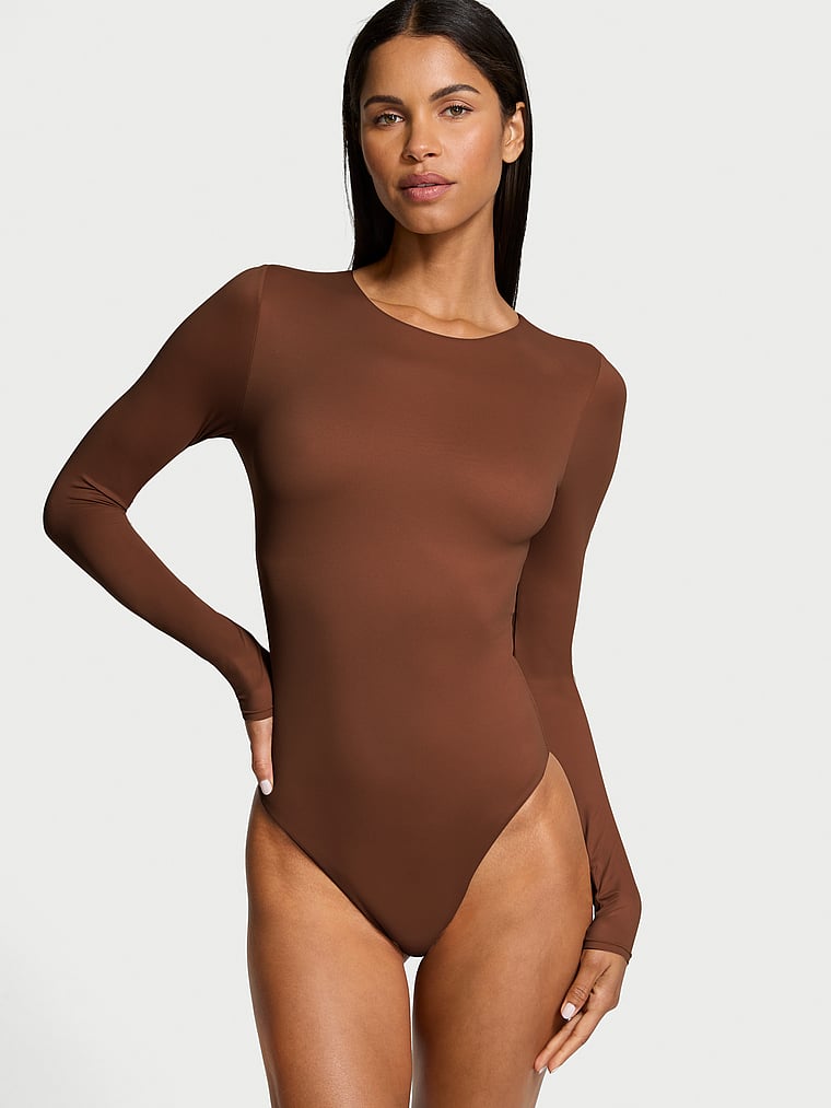 Victoria's Secret, Victoria's Secret Bodywear by Victoria with FeatherSoft™ Innovation Long-Sleeve Bodysuit, Ganache, onModelFront, 1 of 3 Daiane is 5'11" or 180cm and wears Small
