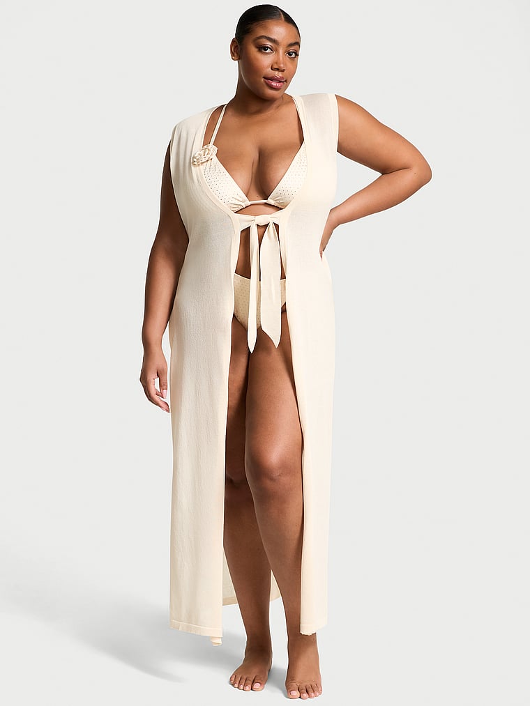 Victoria's Secret, Victoria's Secret Swim Beachwear Knit Tie-Front Maxi Cover-Up, Candlelight, onModelFront, 1 of 3 Brianna is 5'10" and wears 38DD (E) or Extra Large