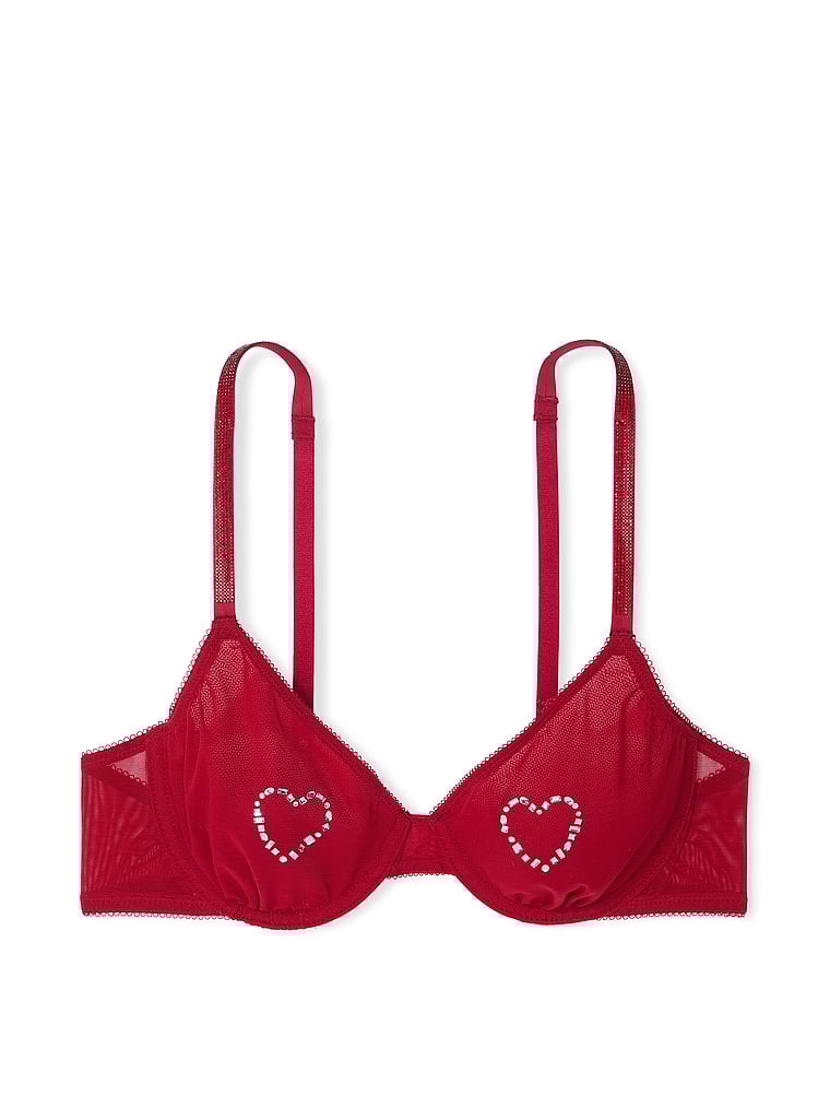 Victoria's Secret, Very Sexy Rose Lace Unlined Low-Cut Demi Bra, Red Lacquer, offModelFront, 3 of 5