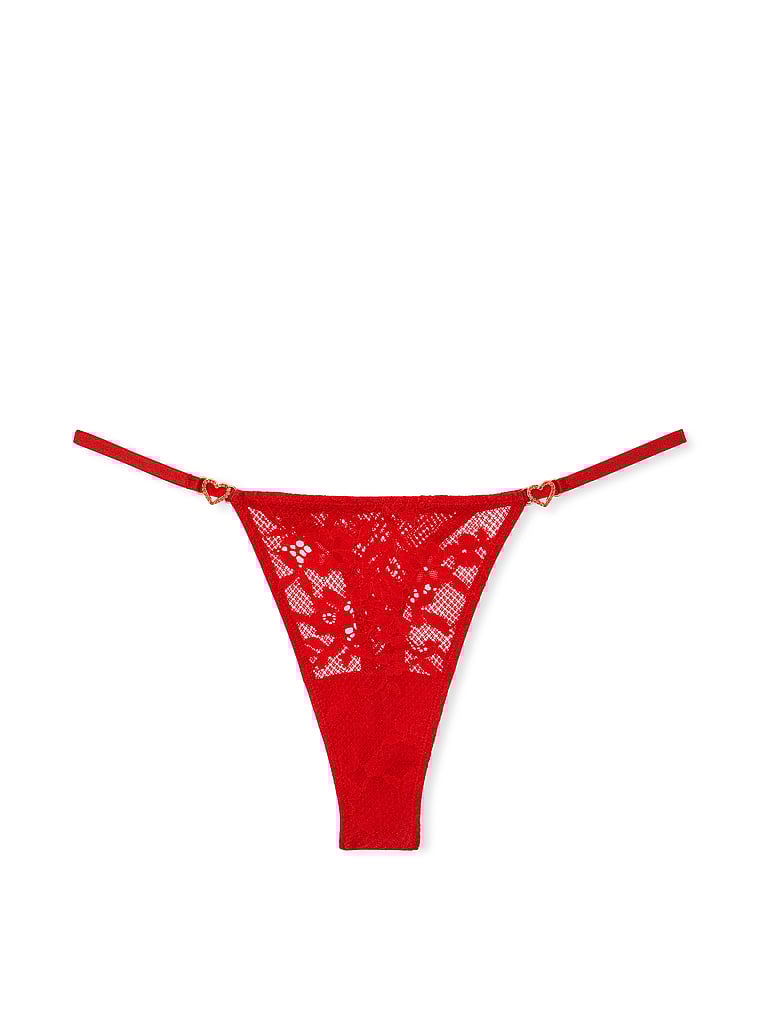 Victoria's Secret, Dream Angels Lace Rhinestone Heart Hardware Thong Panty, Bright Vermillion, offModelFront, 3 of 4