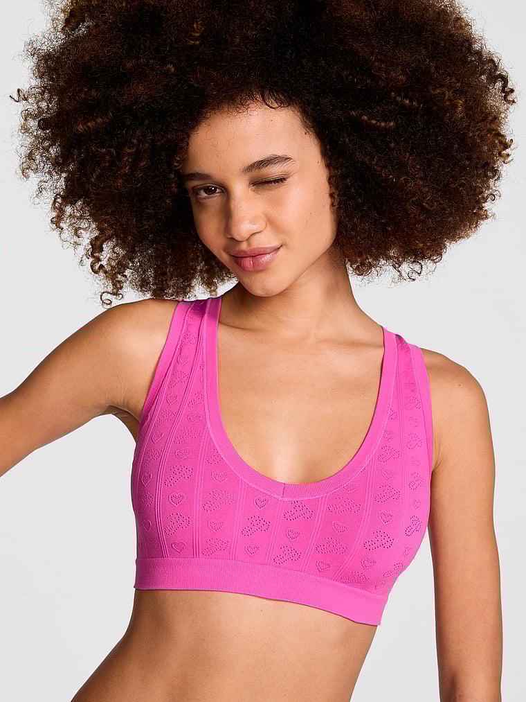 PINK Comfort Seamless Plunge Bralette, Pink Gossip, onModelFront, 1 of 3 Yoly  is 5'8" or 173cm and wears 32B or Small