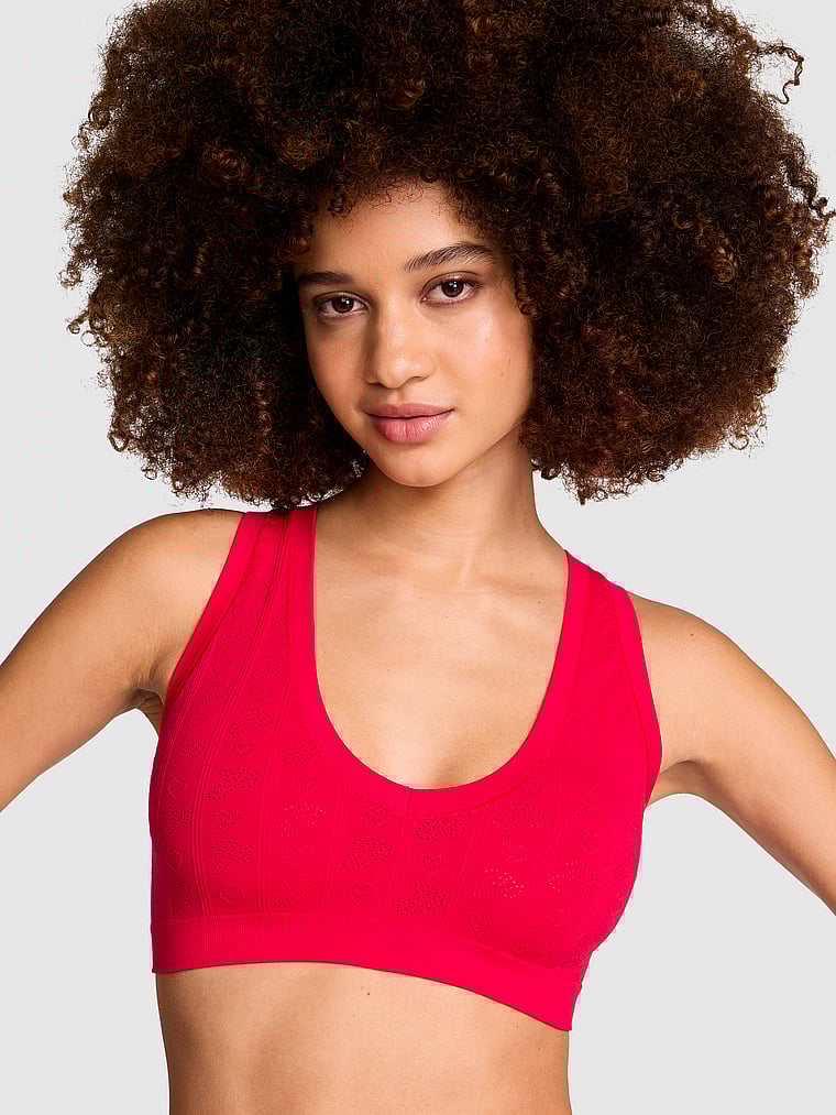 PINK Comfort Seamless Plunge Bralette, Red Pepper, onModelFront, 1 of 3 Yoly  is 5'8" and wears 32B or Small