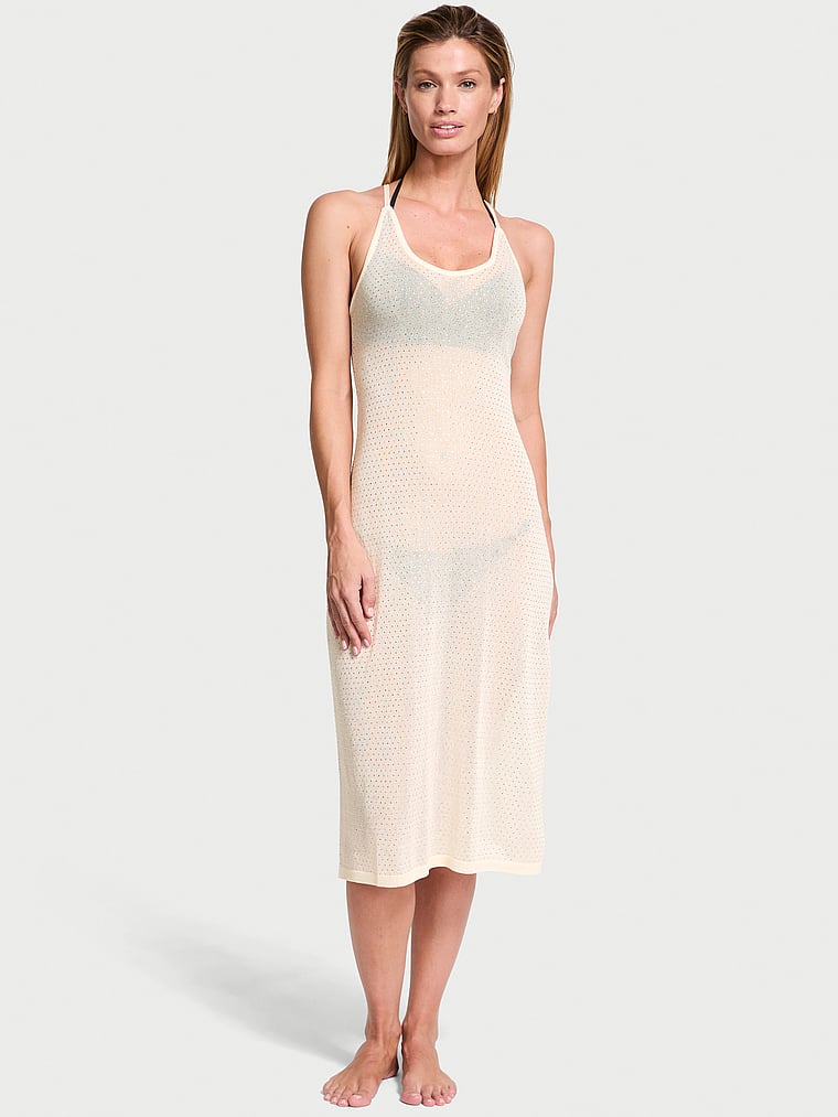 Victoria's Secret, Victoria's Secret Swim Beachwear Diamante Knit Cover-Up Midi Dress, Candlelight, onModelFront, 1 of 4 Maggie is 5'7" or 170cm and wears 32B or Small