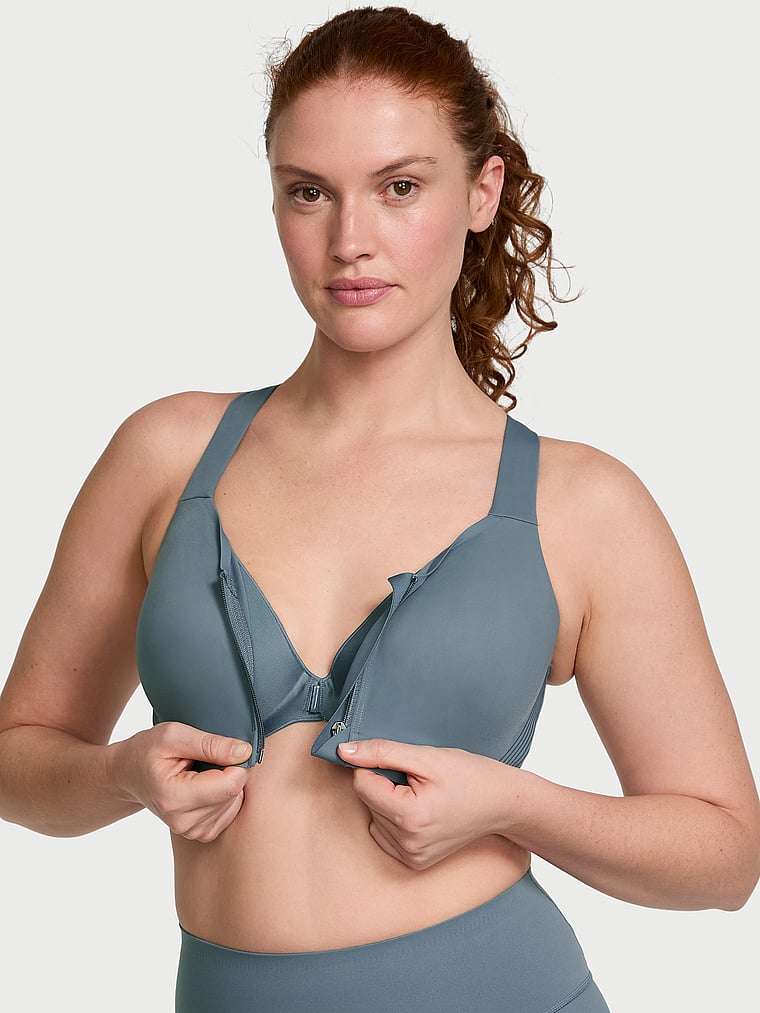 Victoria's Secret, VSX VSX Knockout™ Front-Close Sports Bra, Dark Steel, onModelFront, 4 of 5 Katy is 5'11" and wears 36D or Large