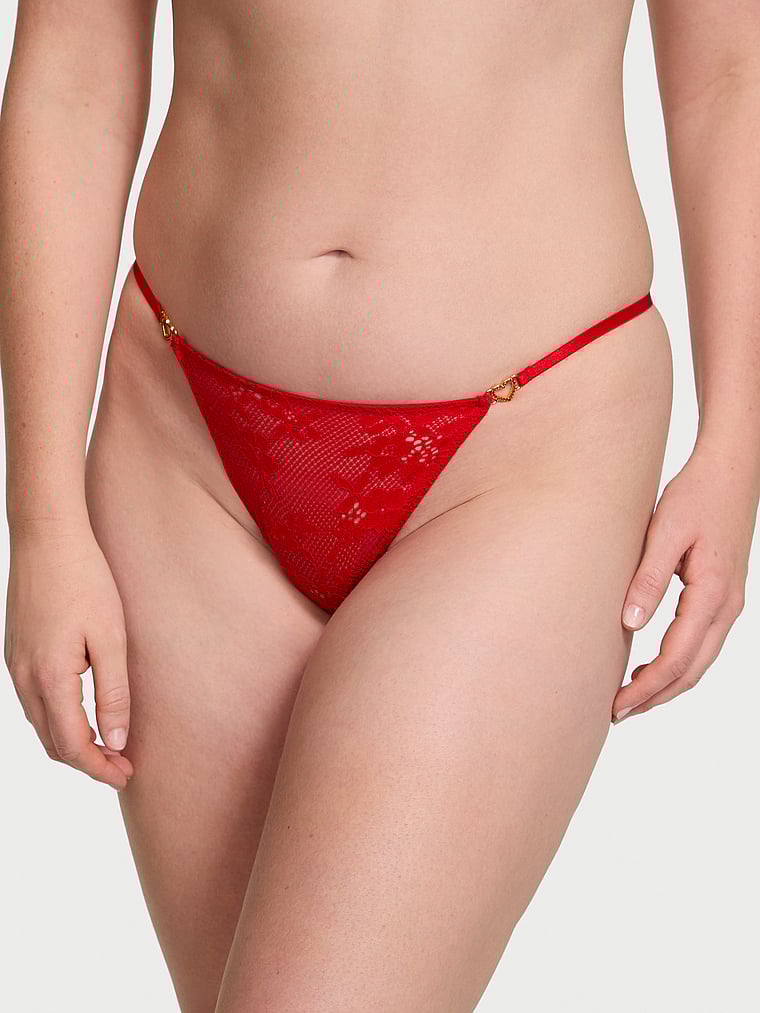 Victoria's Secret, Dream Angels Lace Rhinestone Heart Hardware Thong Panty, Bright Vermillion, onModelFront, 1 of 4 Katy is 5'11" or 180cm and wears Large